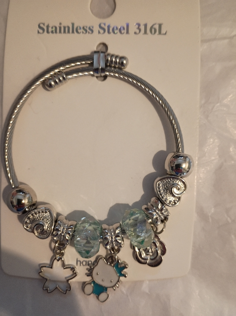 Hello Kitty Inspired Silver Bracelet with Light Aqua Crystal Beads